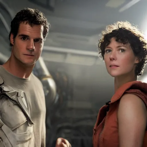 Prompt: Mary Elizabeth Winstead as Ellen Ripley and Henry Cavill as Dwayne Hicks, both in Aliens Remake directed by Denis Villenueve.