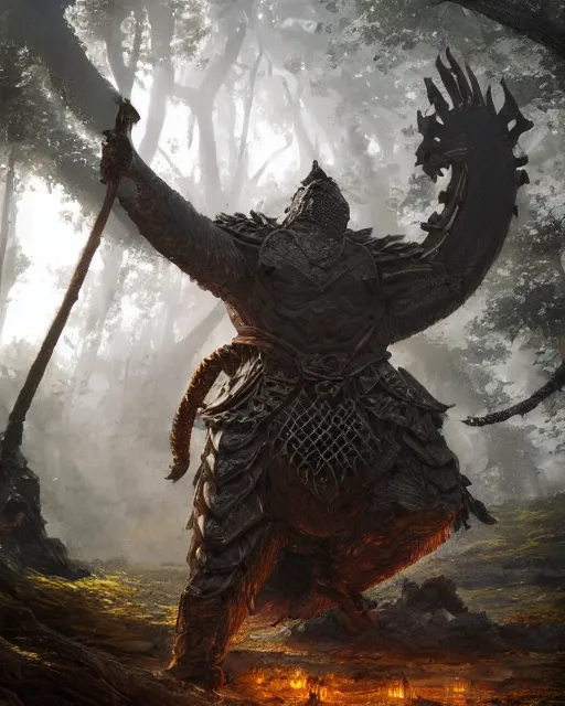 Image similar to Huge komodo warrior in armor, portrait, woodlands, magic the gathering artwork, D&D, fantasy, cinematic lighting, centered, symmetrical, highly detailed, digital painting, artstation, concept art, smooth, sharp focus, illustration, volumetric lighting, epic Composition, 8k, art by Akihiko Yoshida and Greg Rutkowski and Craig Mullins, oil painting, cgsociety