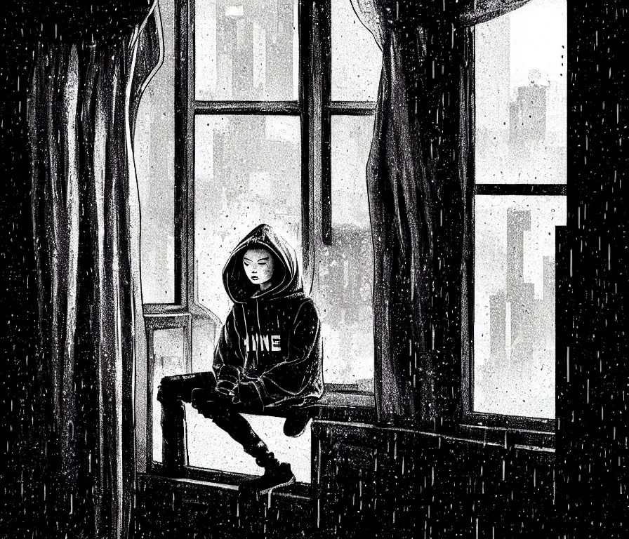 Prompt: sadie sink in hoodie sits on windowsill, knees tucked in | rain falls at night : b & w storyboard, scifi cyberpunk. by gabriel hardman, joe alves, chris bonura. cinematic atmosphere, detailed and intricate, perfect anatomy