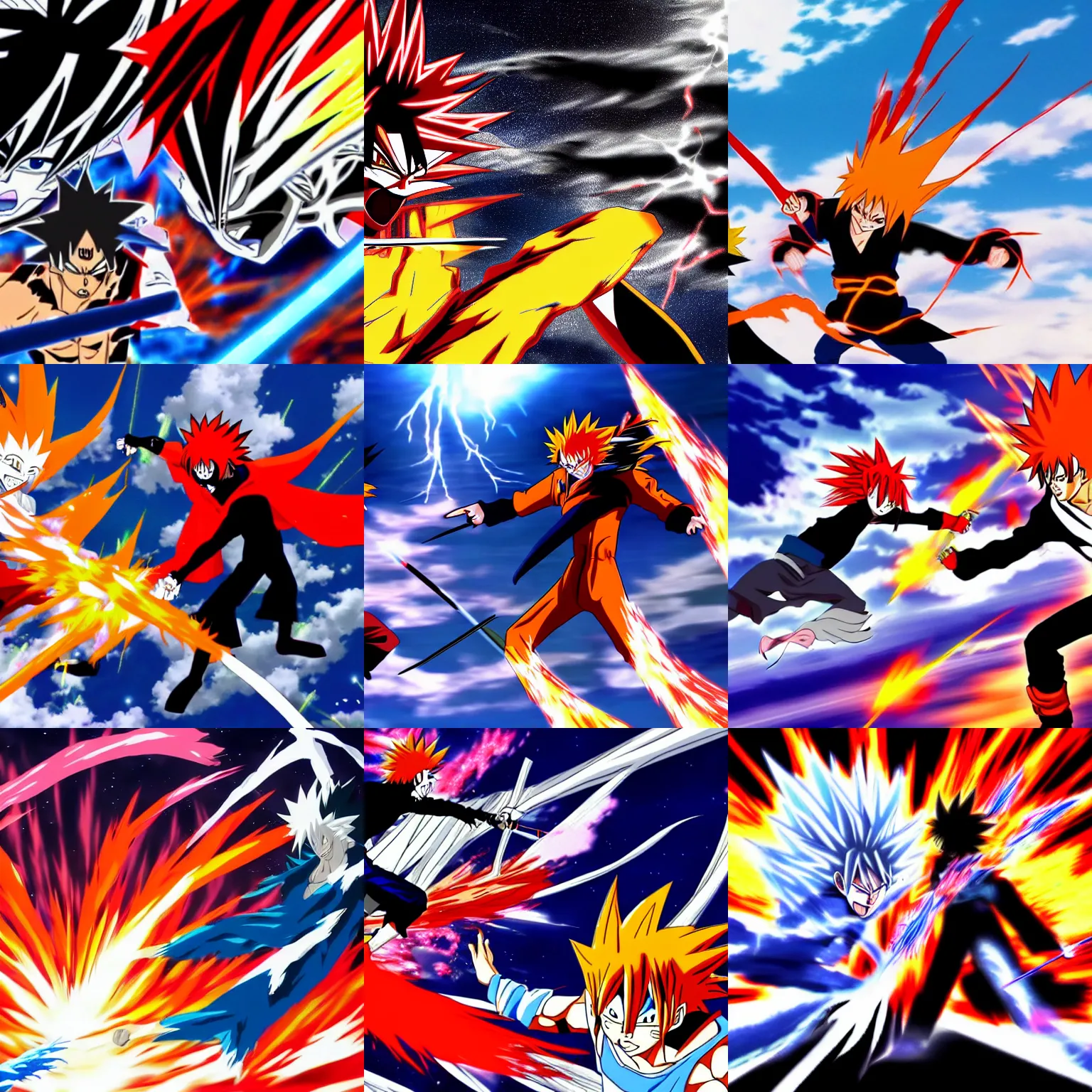 Prompt: Ichigo Kurosaki battling Goku in the sky, 4k