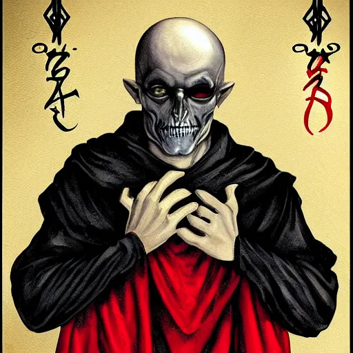 Image similar to d & d painting portrait necromancer man with bald head, red sunken eyes, pallid skin, long flowing black and red robes. fingers are bony and long