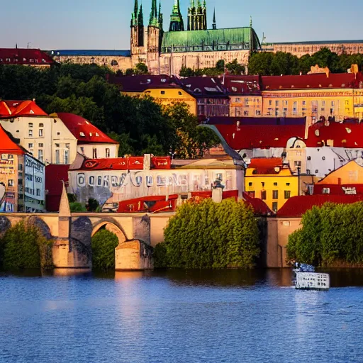 Prompt: a falcon 9 rocket launching from a river platform on Vltava river at sunset , background is the skyline of Prague castle, Charles bridge in the foreground, artistic photo