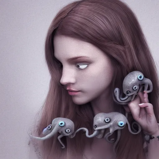 Image similar to girl with a gray octopus for hair, beautiful face, pretty face, photorealistic, 4 k resolution, wide angle lens, 1 5 mm, depth of field, serene, digital art.