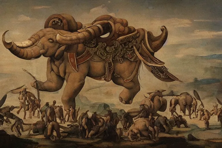 Image similar to “a Hellenistic painting of Lockheed Martin designed war elephants with missiles strapped to them, virtuoso, masterpiece, 8k, Michelangelo”