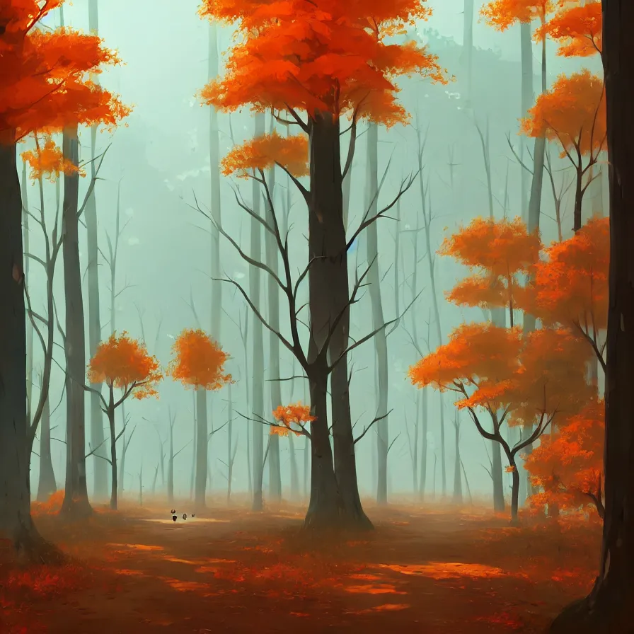 Prompt: Goro Fujita ilustration a forest in autumn perfectly illuminated with near and distant trees, tall and straight trees, separated from each other, painting by Goro Fujita, sharp focus, highly detailed, ArtStation