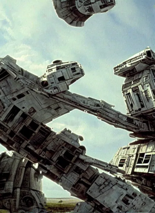 Image similar to screenshot of a wide shot looking up at a star wars AT-ST on a trash planet, from the 1970s film by Stanley Kubrick, brutal, iconic scene, stunning cinematography, hyper-detailed, sharp, anamorphic lenses, kodak color, 4k, stunning