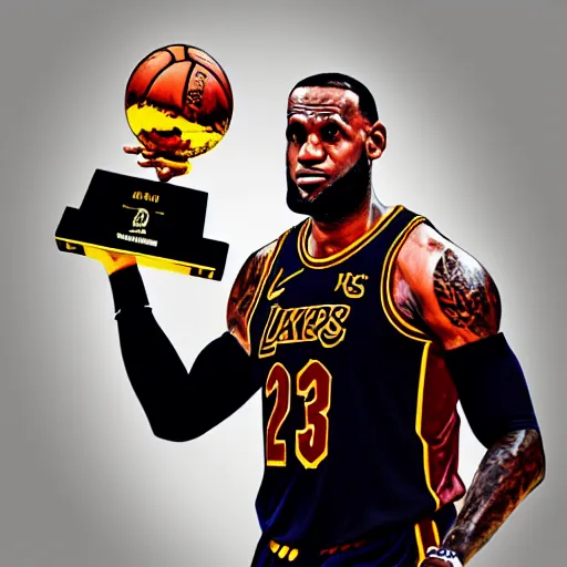 Prompt: Lebron James holding a mickey mouse trophy, digital art