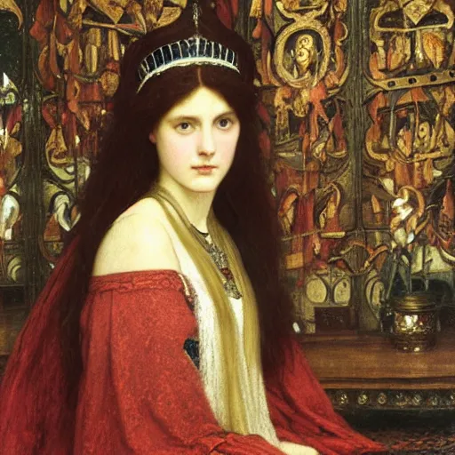 Prompt: Pre-Raphaelite painting of a medieval princess by John Collier