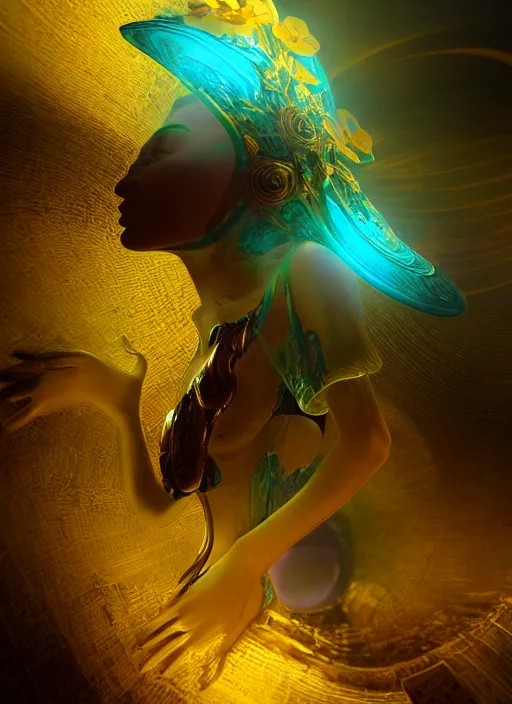 Image similar to flowers within the whole infinite capsule apparent with awe the apparition, an idea seep's into infinity highly detailed in volumetric latent space, golden turquoise steampunk, high contrast cinematic light, mystical shadows, sharp focus, divine realm of gods, octane render, artist by boris vallejo,