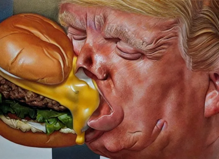 Image similar to realistic painting by jenny saville of!! donald trump!! licking a! cheeseburger!, art by jenny saville and tom bagshaw, detailed, sharp, smooth,! hamburger!