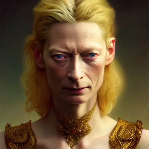 Image similar to young adult tilda swinton as lucifer morningstar, long blond hair, natural lighting, path traced, highly detailed, high quality, digital painting, by gaston bussiere, craig mullins, alphonse mucha j. c. leyendecker