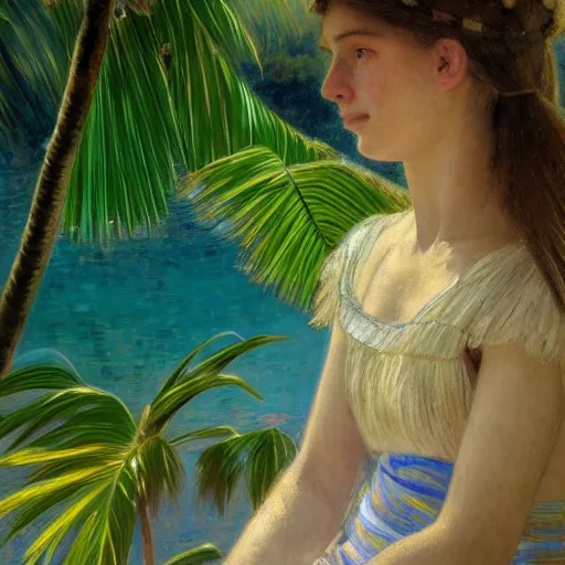 Image similar to a ultradetailed beautiful painting of a girl in the amazonas palace designed by jules bastien - lepage, hans belmer, frank weston and gustave baumann, beach, trending on artstation, mediterranean, palm trees, refracted color sparkles, sharp focus, soft light, 8 k 4 k