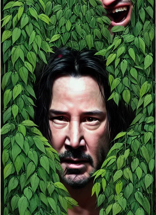 Image similar to highly detailed comedy caper movie poster with silly wacky zany keanu reeves hiding in leaves, keanu reeves face inside a leafy bush by greg rutkowski