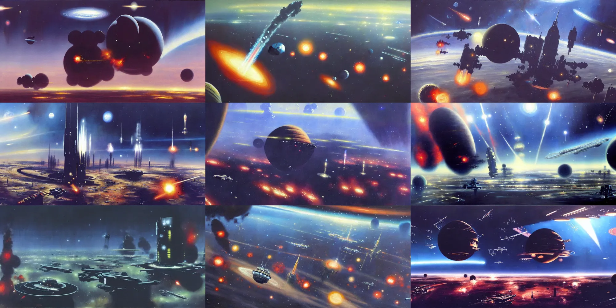 Image similar to a painting of low earth orbit space city under war by john harris.