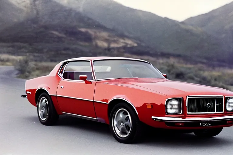 Image similar to 1975 Volvo Firebird, movie still, speed, cinematic Eastman 5384 film