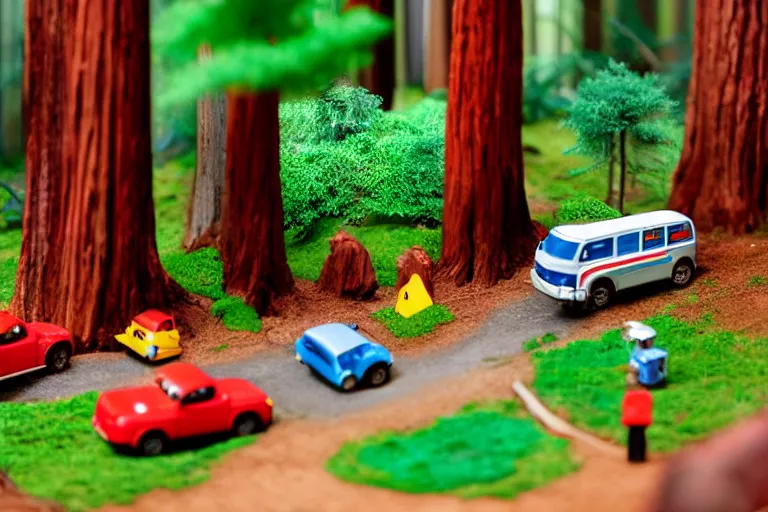 Image similar to fisher price redwood forest, california scene from tv show hyper detailed 5 5 mm 8 5 mm, toy photography, made out of plastic