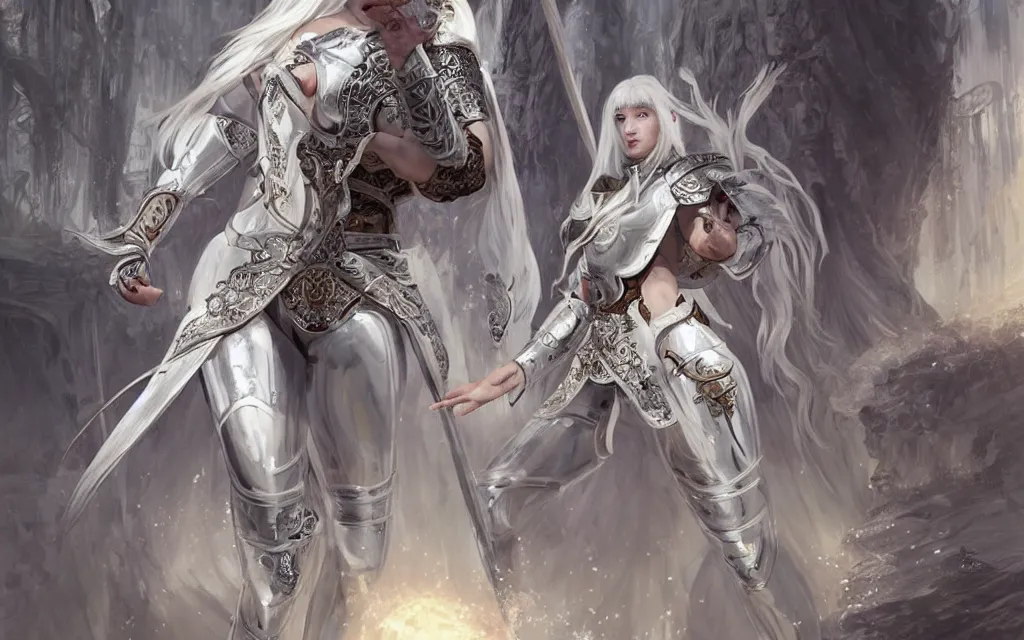 Prompt: white hair knights of zodiac girl, sliver ice color reflected armor, kung fu fighting and kickboxing in ruined agora of athens sunrise, ssci - fi and fantasy, intricate and very very beautiful and elegant, highly detailed, digital painting, artstation, concept art, smooth and sharp focus, illustration, art by tian zi and wlop and alphonse mucha