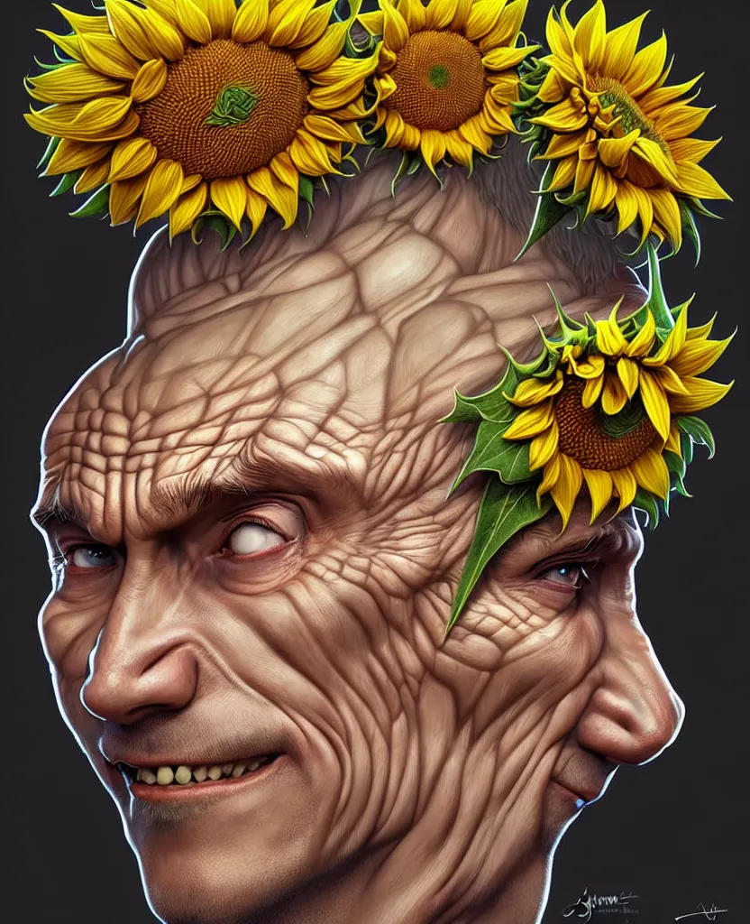 Image similar to digital art, centered full body of Putin smiling king, Sunflower crown, ,intricate, veins, by James Jean and by artgerm , by ross tran ultradetailed, charachter design, concept art, trending on artstation,