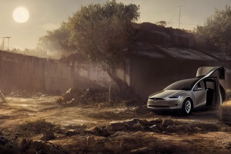 Image similar to Post-apocalyptic photo of a Tesla Model X on a rugged farm in futuristic Iowa, dramatic lighting, cinematic, establishing shot, extremely high detail, photorealistic, cinematic lighting, post-processed, concept art, artstation, matte painting, style by eddie mendoza, raphael lacoste, alex ross