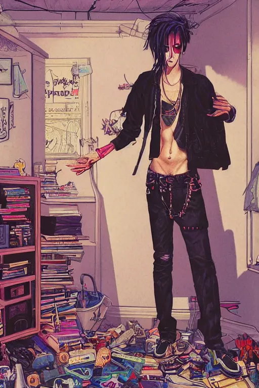 Prompt: a skinny goth guy standing in a cluttered 9 0 s bedroom, full body character concept art, vaporwave colors, andrew ferez art,