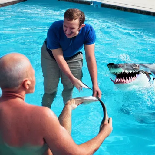 Image similar to a man feeding a shark in a pool