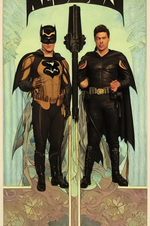 Image similar to a detailed matte portrait of jensen ackles and misha collins dressed as the adam west batman and robin, masterpiece, 8 k, art by alphonse mucha and greg rutkowski