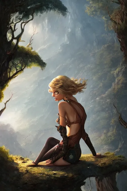 Image similar to alluring illustration taylor swift, sitting on the edge of a cliff overlooking a forested valley, clothed in a chesty fantasy outfit, 8k resolution matte fantasy painting, cinematic lighting, DeviantArt, Artstation, Jason Felix Steve Argyle Tyler Jacobson Peter Mohrbacher
