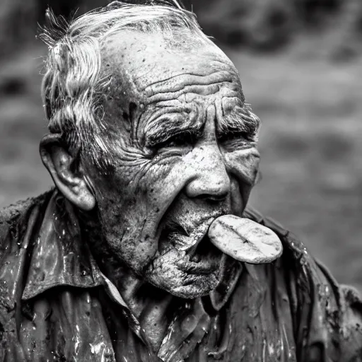 Prompt: an old man with a mouthful of mud