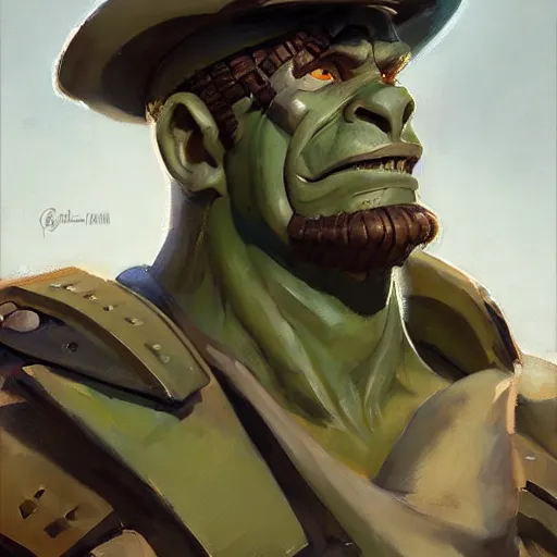 Image similar to greg manchess close - up portrait painting of a ruggedly handsome dieselpunk orc general with olive green skin as an overwatch character, medium shot, asymmetrical, profile picture, organic painting, sunny day, matte painting, bold shapes, hard edges, street art, trending on artstation, by huang guangjian and gil elvgren and sachin teng