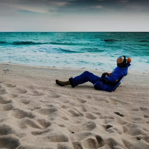 Image similar to an astronaut relaxing on the beach, dramatic lighting, cinematic, extremly high detail, photorealistic, cinematic lighting, nasa footage