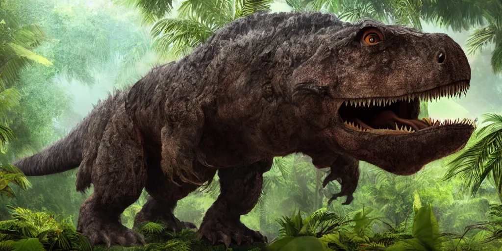 Image similar to photo realism, very fluffy tyrannosaurus rex, jungle background, 4 k, detailed