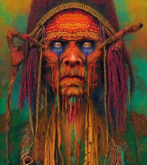 Image similar to Portrait painting in a style of Beksinski mixed with Alex Grey of an old shaman dressed in a colorful traditional clothes. Symmetry