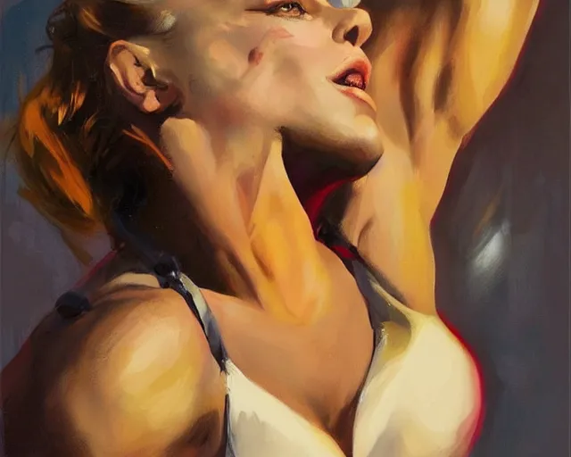 Image similar to greg manchess portrait painting of milla jovovich as beautiful thick female bodybuilder zarya from overwatch, medium shot, asymmetrical, profile picture, organic painting, sunny day, matte painting, bold shapes, hard edges, street art, trending on artstation, by huang guangjian and gil elvgren and sachin teng