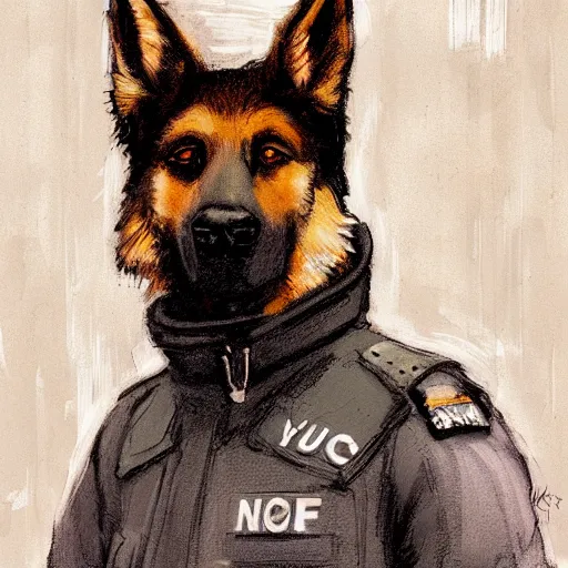 Image similar to new york city portrait of furry anthro anthropomorphic german shepard head animal person fursona wearing clothes nypd traditional police uniform in the alley, sunny day, digital art by Nerdrum John, William Waterhouse, Winslow Homer, Alex Heywood, Jordan Grimmer, Darren Quach, Greg Rutkowski, Simon Stalenhag, trending on Artstation, CGSociety