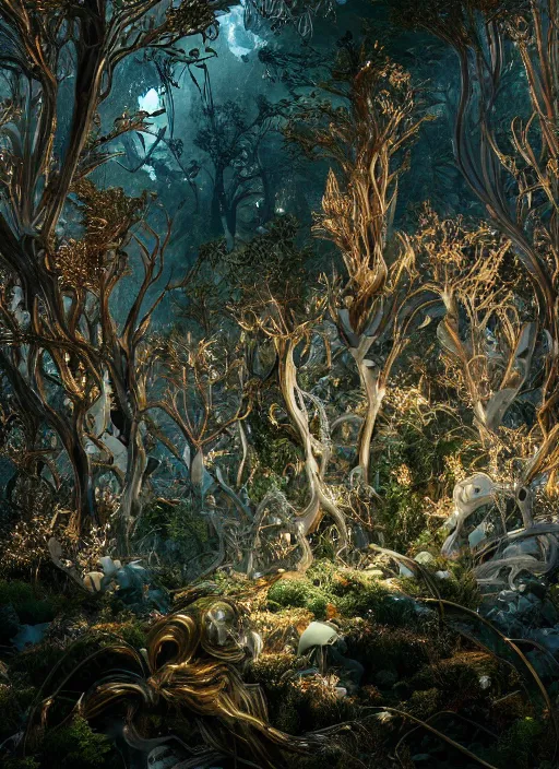 Image similar to beauteous sumptuous white pearlescent iridescent organic forest, crystal, gold, copper, bronze biomechanical with incredible iridescent pearlescent voluminous neon vegetation, crystalline masterpiece incrustations, hyperdetailed animals, movie still, intricate, octane render, cinematic forest lighting, unreal engine, crepuscular rays, god rays