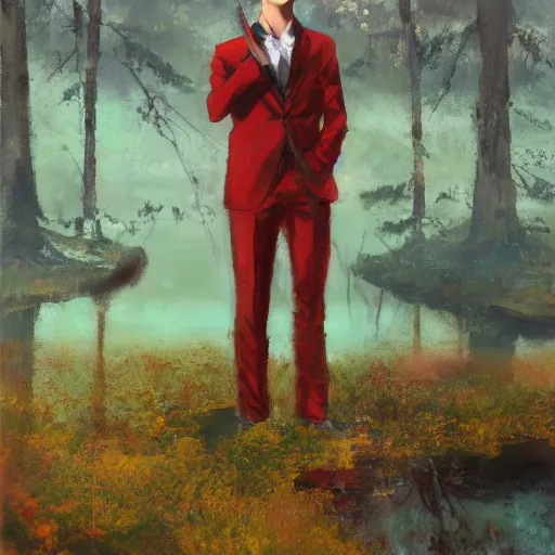 Image similar to stoic young man with red tipped green hair wearing a cream suit shedding a single tear standing before a lake in an autumnal forest holding a halberd shaped like a carnation, oil painting by jeremy mann and yoji shinkawa