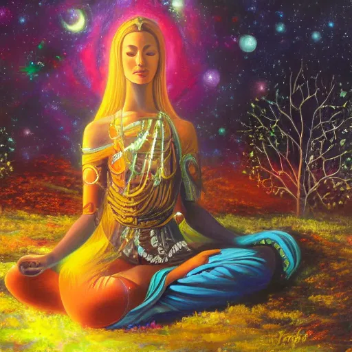 Prompt: A detailed oil painting of a space empress meditating under a tree, detailed artwork