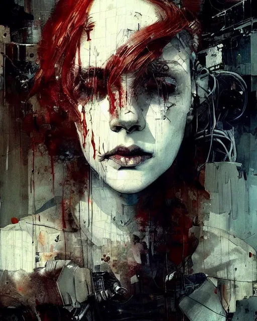 Image similar to beautiful redhead woman, wires, skulls!! machines ( by emil melmoth zdzislaw belsinki craig mullins yoji shinkawa ) realistic render ominous detailed photo atmospheric by jeremy mann francis bacon and agnes cecile ink drips paint smears!! digital glitches glitchart!!