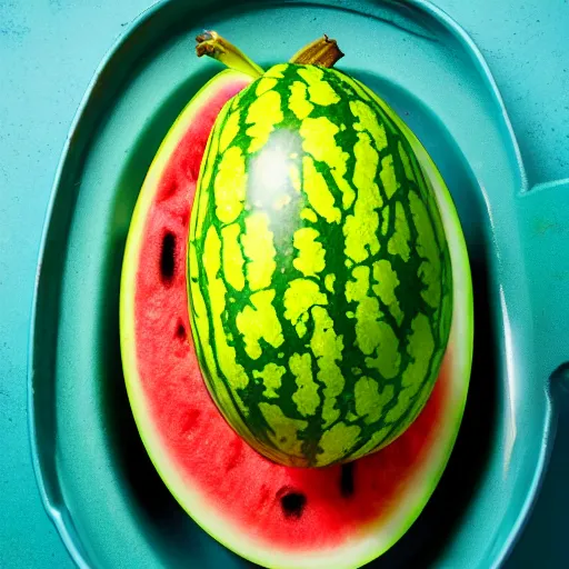 Image similar to a watermelon banana sitting in a bowel, product photography