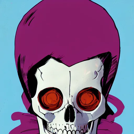 Image similar to a portrait of a girl skull face, alec soth and mike mignola, colors and hard shadows and strong rim light, plain background, comic cover art, trending on artstation