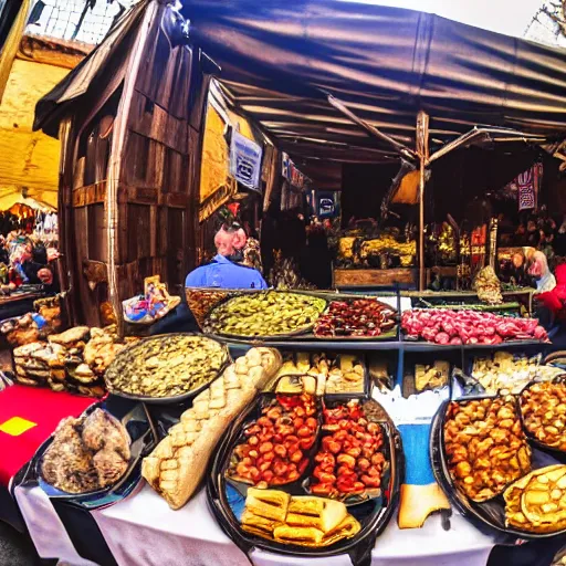 Prompt: GoPro photo of a medieval market with all sorts of foods and stalls