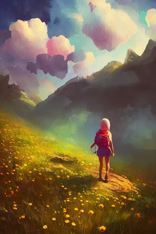 Image similar to giant daisy flower head, girl hiking in the mountains, surreal photography, sunrise, dramatic light, impressionist painting, colorful clouds, digital painting, artstation, simon stalenhag