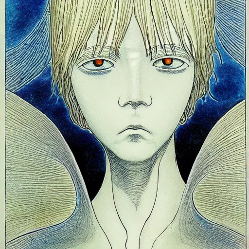 Image similar to prompt: Fragile looking vessel portrait face drawn by Katsuhiro Otomo, inspired by William Blake, magical and alchemical objects on the side, soft light, white background, intricate detail, intricate ink painting detail, sharp high detail, manga and anime 2000