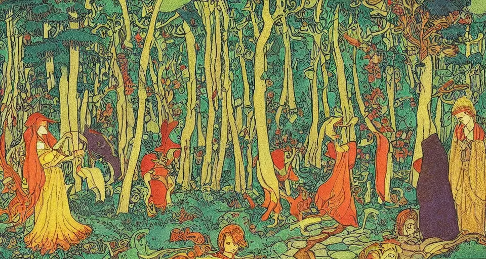 Image similar to Enchanted and magic forest, by Ivan Bilibin,