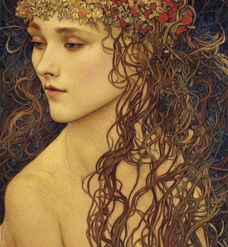 Image similar to detailed realistic beautiful young medieval queen face portrait by jean delville, alphonse mucha, vincent van gogh, and marco mazzoni, art nouveau, symbolist, visionary, gothic, pre - raphaelite