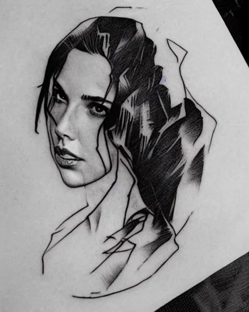 Image similar to creative double exposure effect tattoo design sketch of beautiful gal gadot faded with beautiful mountain scenery, realism tattoo, in the style of matteo pasqualin, amazing detail, sharp