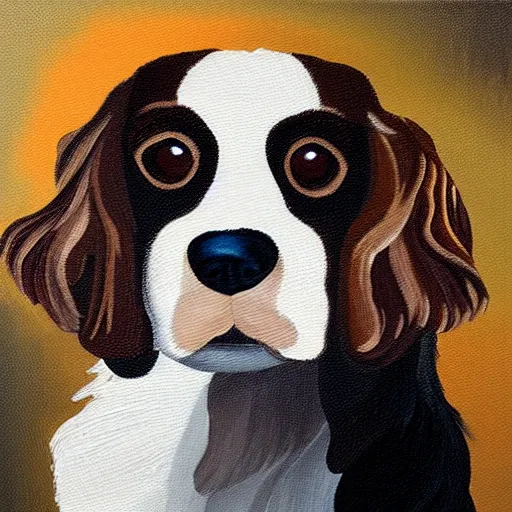 Prompt: painting of a brown and white spaniel at a smokey bar with a Martini, fine art, dots, brush marks, light effect