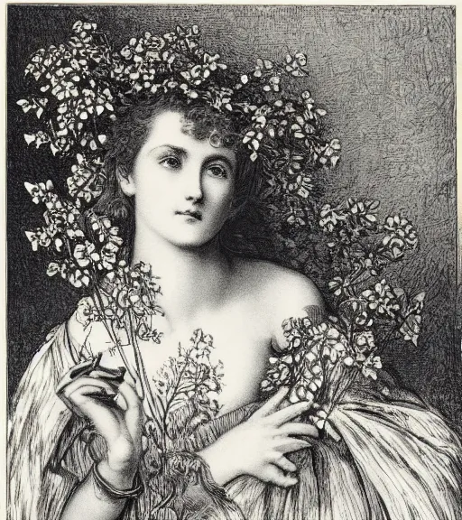 Image similar to black and white, close-up woman eyes in flowers, Gustave Dore lithography