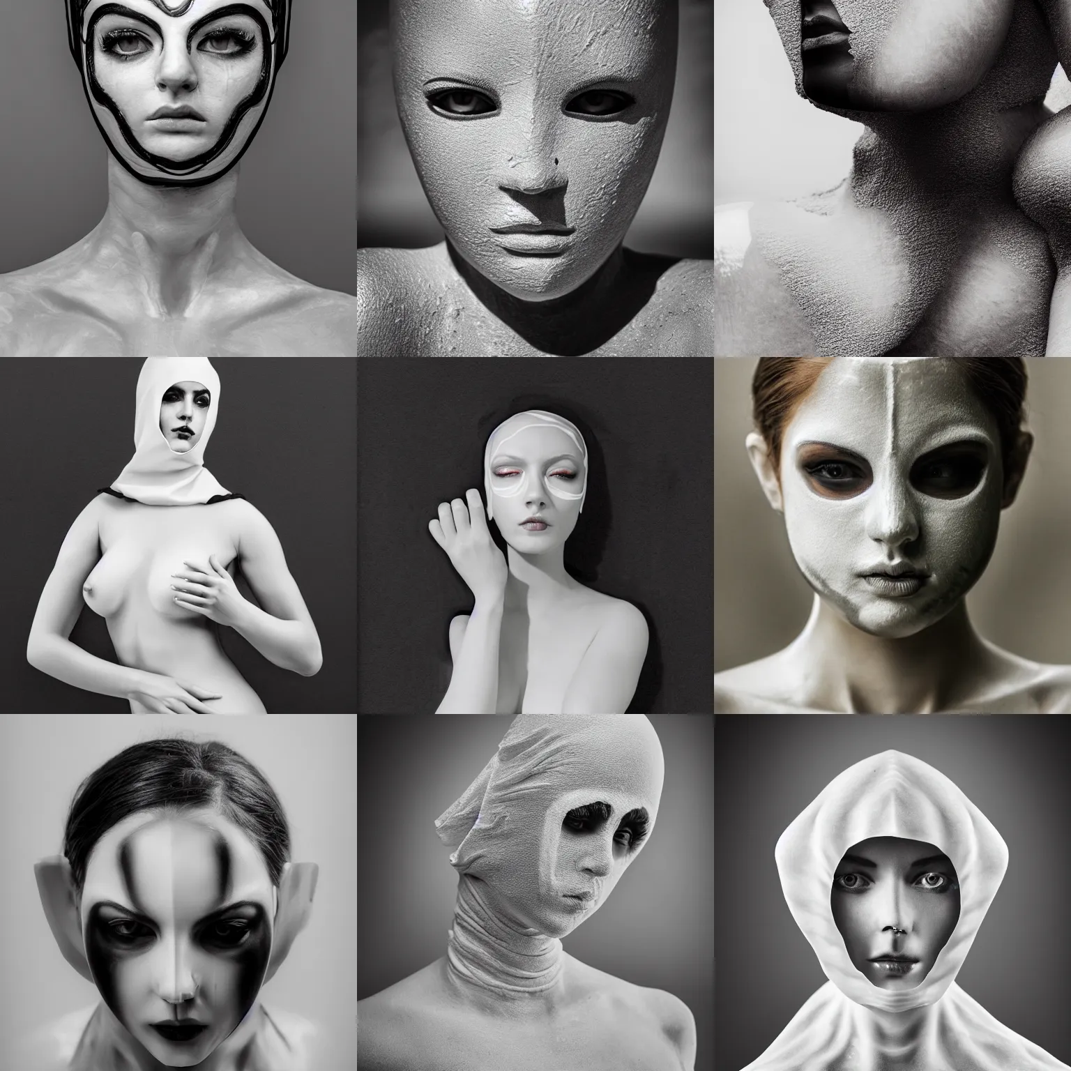 Prompt: pencil drawing illustration, white bodypaint, realistic photography, statue of beautiful perfect female body, black latex balaclava acrylic portrait, black latex sculpt, minimalism, female photography, mechanical superstructure, sacred geometry, 8 k, cinematic, cinematic light, sculpture of carving marble, romanticism, classical painting, epic art, bokeh portrait