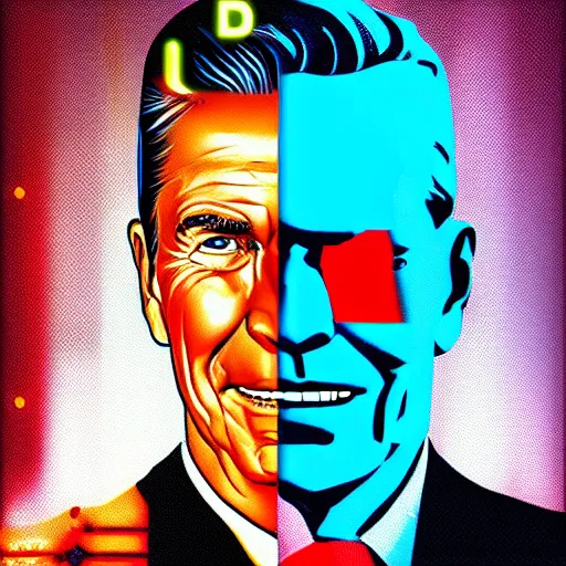 Prompt: ronald reagan as max headroom, cyberpunk, portrait, synthwave, neon, 8 0 s aesthetic, science fiction, artistic, artstation